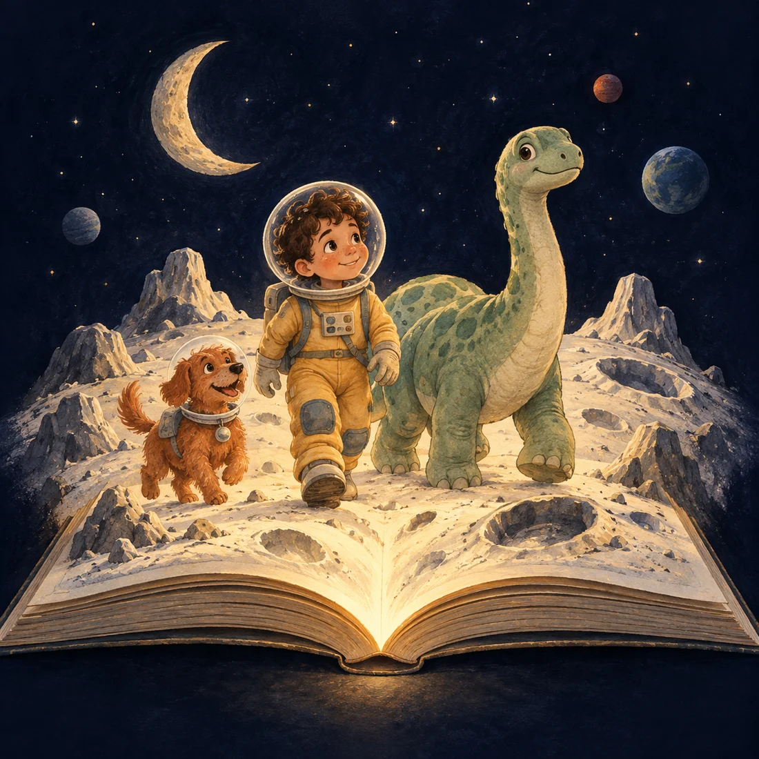 Ilustração de uma aventura imaginada: Theo, seu cachorro e um dinossauro exploram a Lua, em um mundo que nasce de um livro aberto.