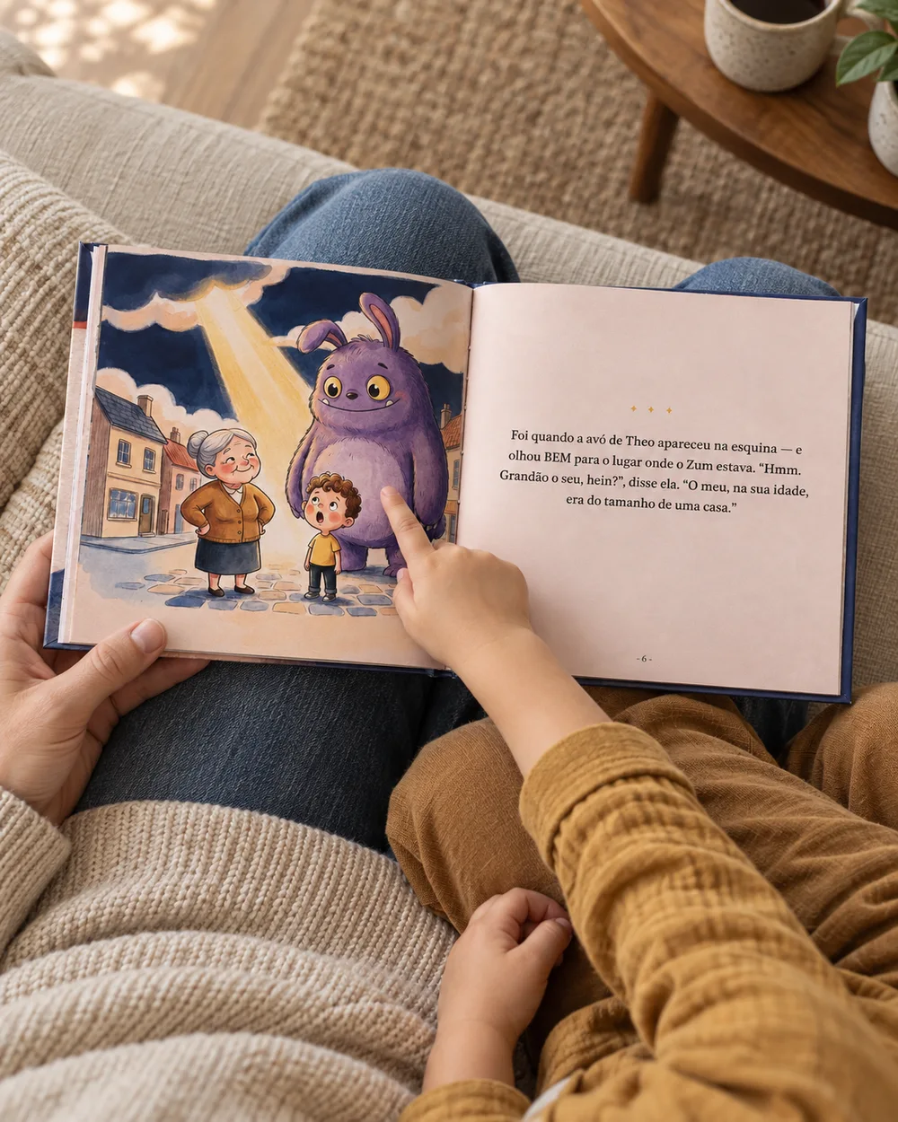 Adulto e criança lendo o livro do Theo no colo