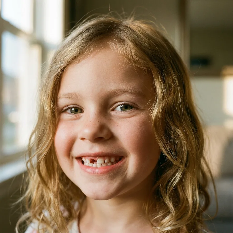Foto de uma menina loira sorrindo, com a falha de um dente da frente